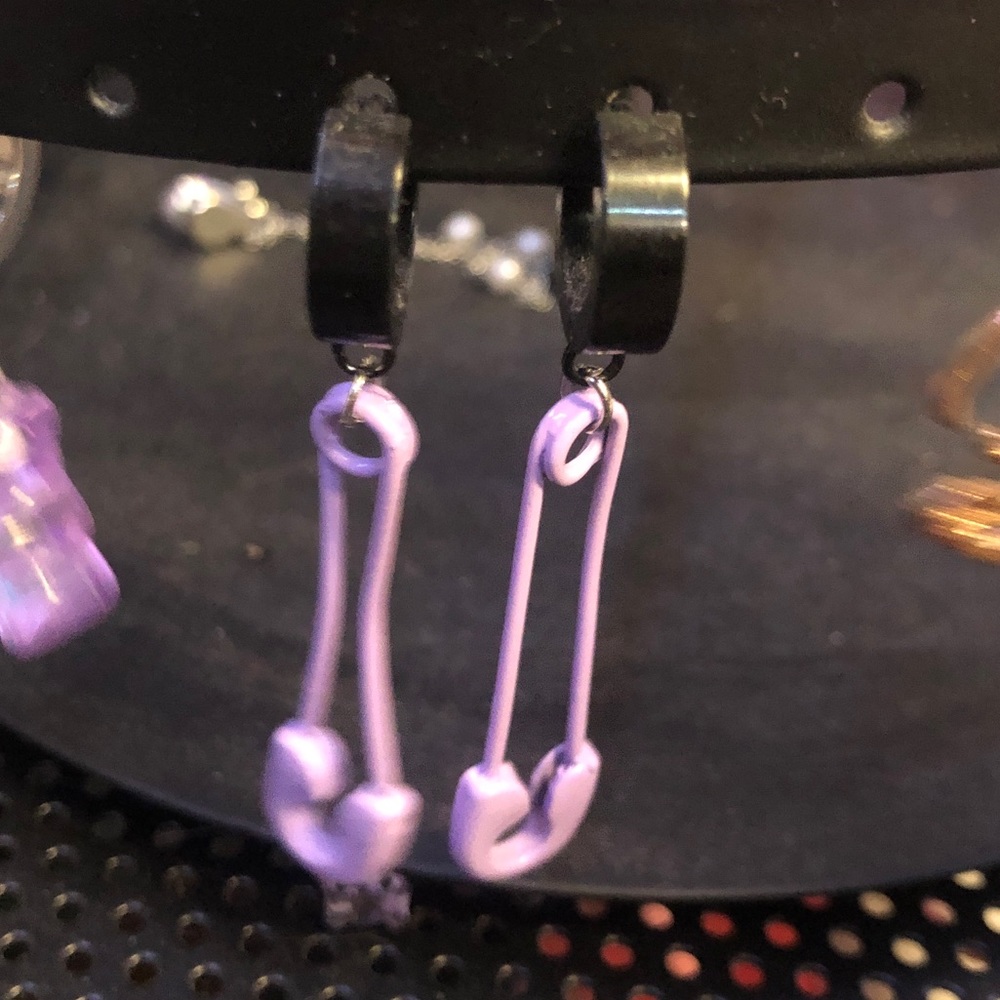 Purple Safety Pin Drop Earrings